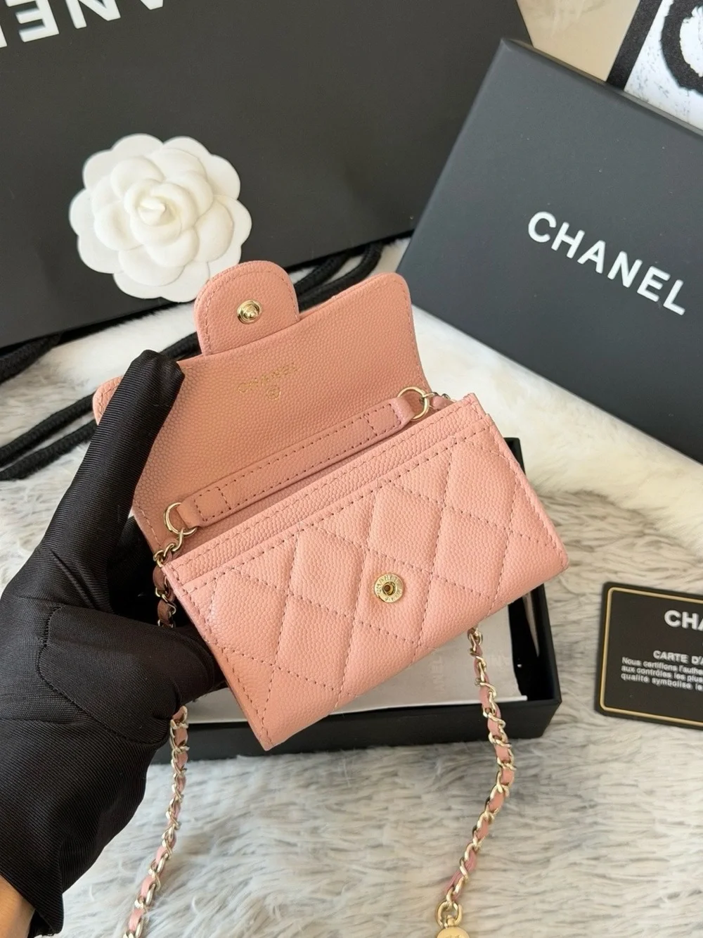 CHANEL Pink Quilted Caviar Leather Mini Wallet-on-Chain with Gold Hardware